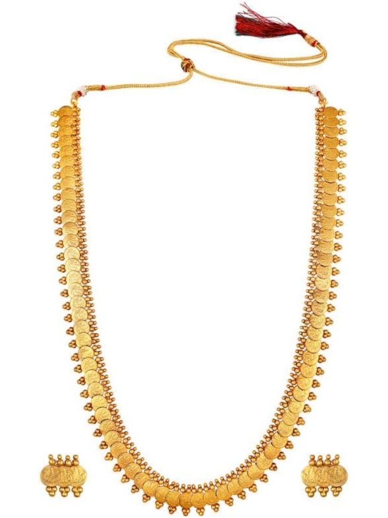 Elegant Gold Tone Goddess Engraved Coin Long Necklace Set - South Indian